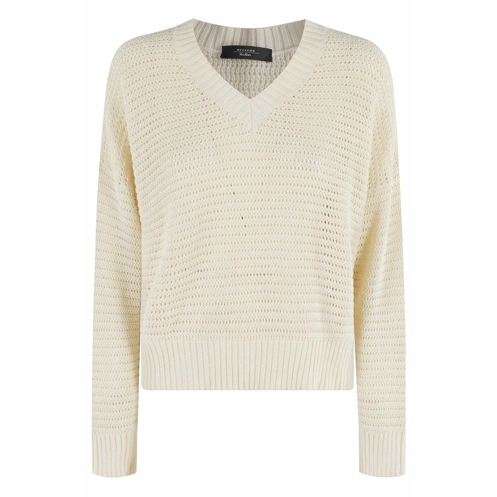 Weekend Max Mara Cream Bellico Knit V-Neck Cotton Boxy Sweater Relaxed Fit Large